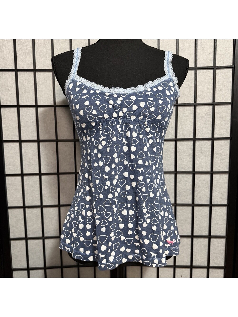 VS PINK Babydoll Cami Top Heart Print Dog Logo Blue Y2K Sz S